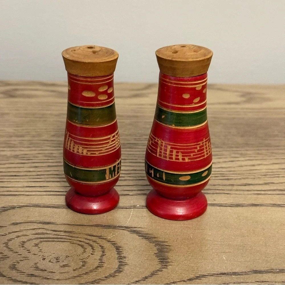 Vintage Red and Green Wooden Salt and Pepper Shakers